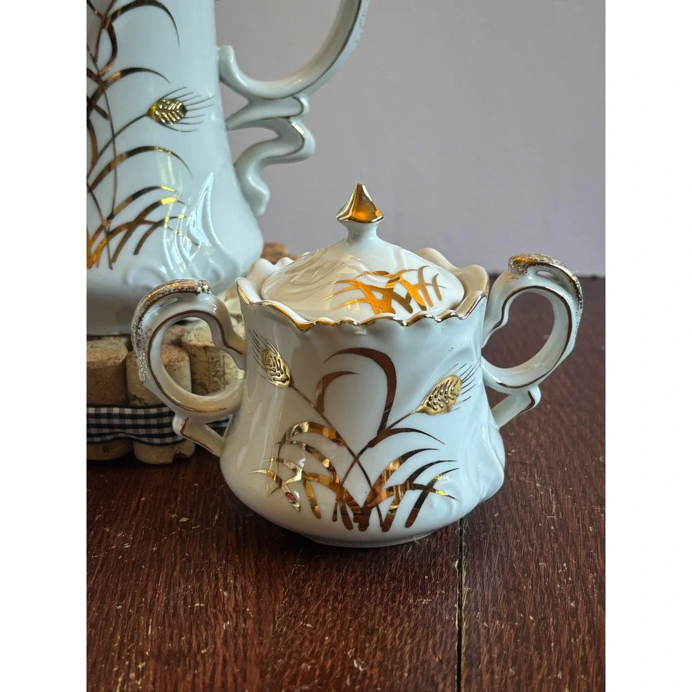 Lefon China Vintage Hand Painted Gold Wheat Tea Set Teapot Sugar Creamer 20595